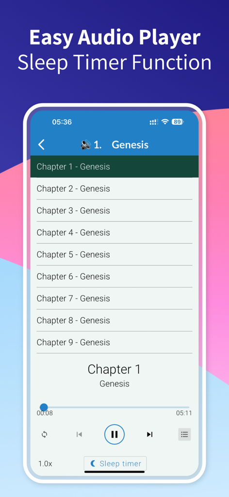 Holy Bible NIV - Audio & Verse - Interfaz del reproductor de audio de la Santa Biblia NIV con capítulos y temporizador de apagado