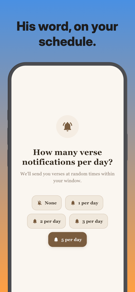 Daily Bible Verse – Bibly - Pantalla de la aplicación Bibly para configurar la frecuencia de notificación de versículos bíblicos diarios con opciones para diferentes cantidades por día