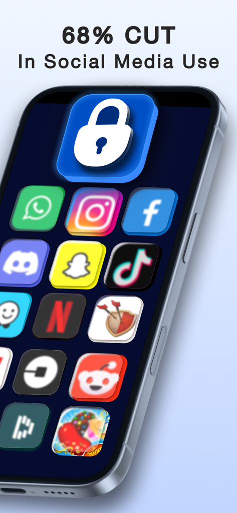 Opal PRO app screen showing a lock icon over social media app icons with text indicating a 68 percent reduction in social media use