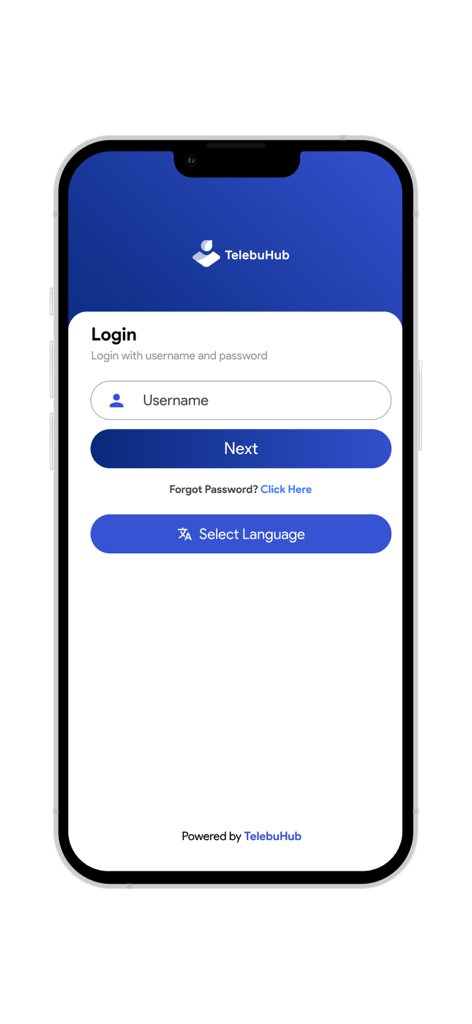 TelebuHub - TelebuHub mobile app login screen featuring username input and language selection options