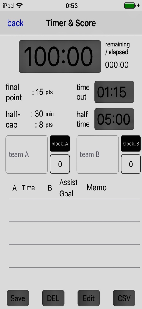 Interfaccia del timer e del punteggio per ultimate frisbee sull'app Sports Board