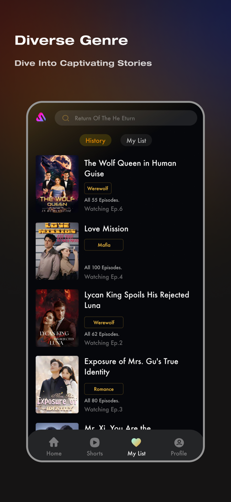 Shot Shorts-MiniSeries - A smartphone screen displaying the Shot Shorts app interface with various mini series titles and genres like werewolf and romance.