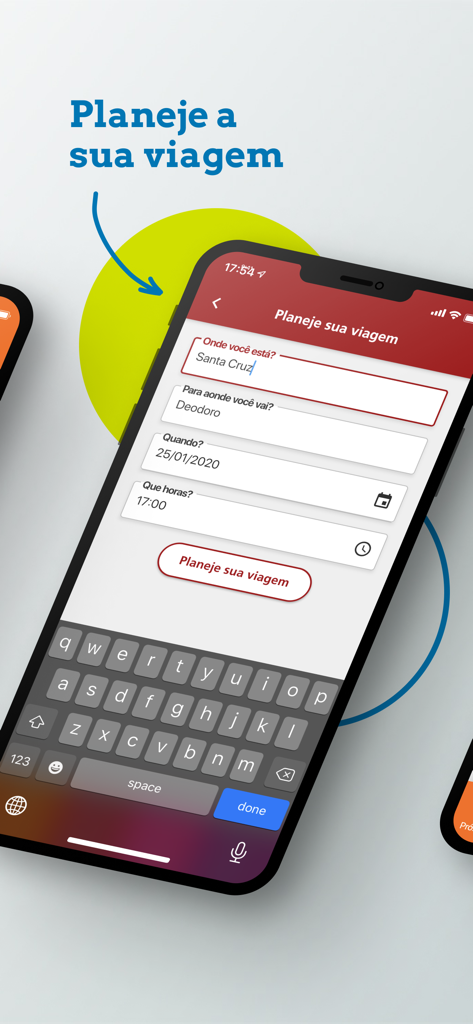 Smartphone screen showing the SuperVia app trip planner interface with input fields for origin, destination, and travel time