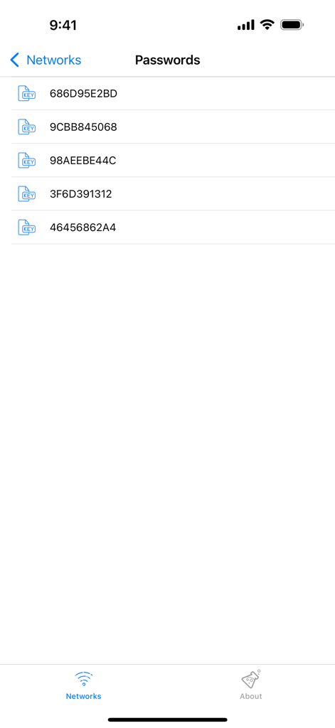 Una lista de contraseñas wifi generadas que se muestran en la aplicación Router Keygen