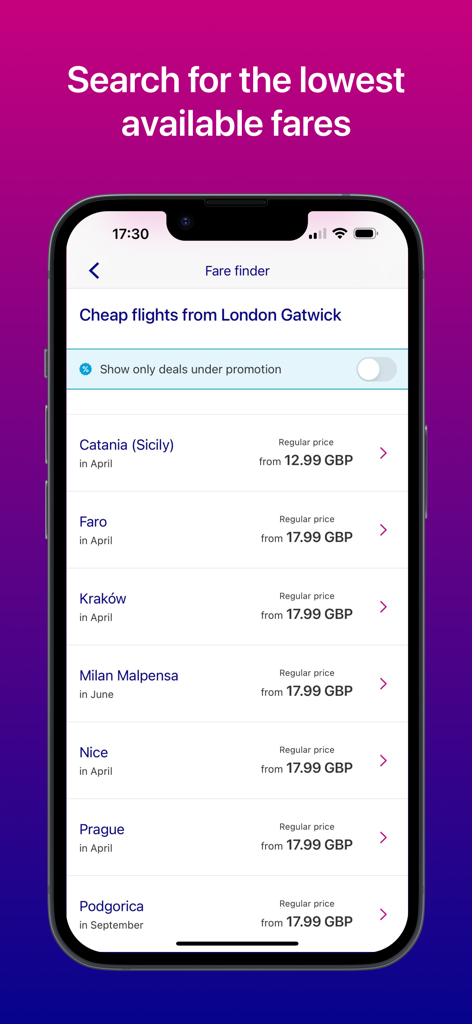 Pantalla de la app de Wizz Air que muestra la herramienta Buscador de Tarifas con ofertas de vuelos de bajo coste de Londres Gatwick a varias ciudades europeas