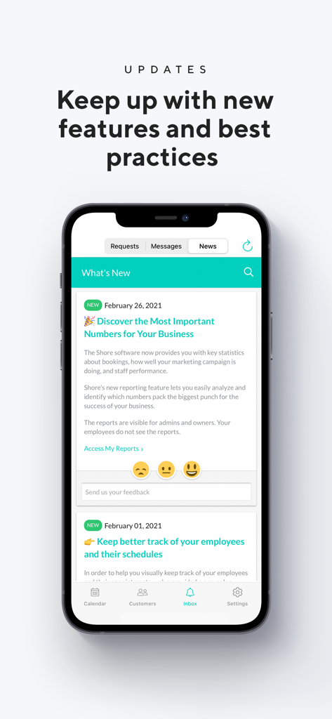 Shore Business - Smartphone screen showing the Shore Business app updates and news section with new feature announcements.