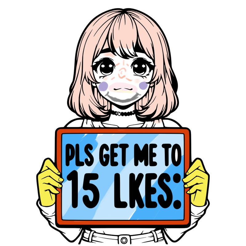 realistic girl holding up a sign that says “pls get me to 15 likes!”