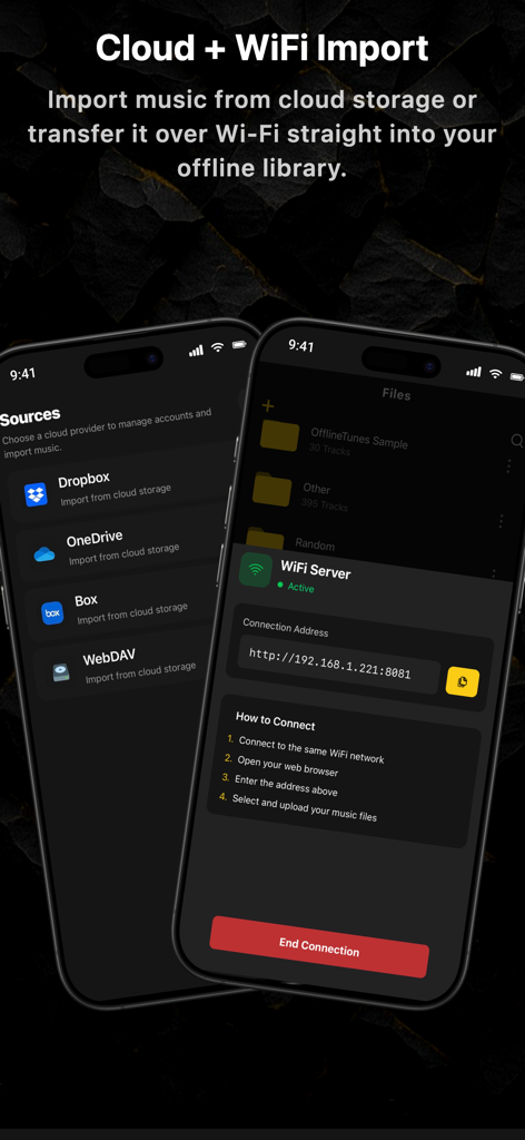 Cloud and WiFi music import options in the OfflineTunes app interface