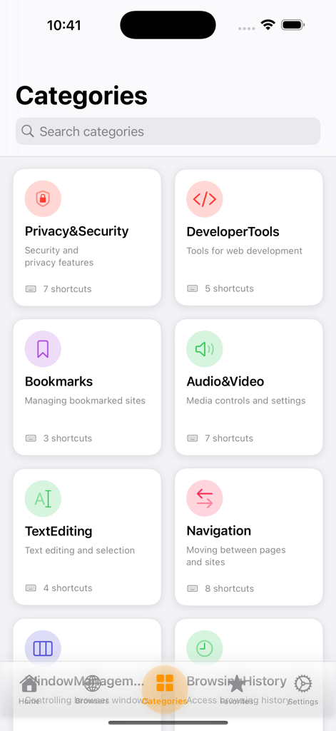 Eine Liste von Tastenkombinationskategorien in der Webbrowser-Tastenkombinationen-App, einschließlich Entwicklertools und Navigation.