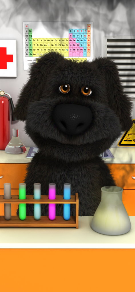 Talking Ben the Dog - Talking Ben le Chien dans son laboratoire de chimie avec des éprouvettes colorées et de la fumée