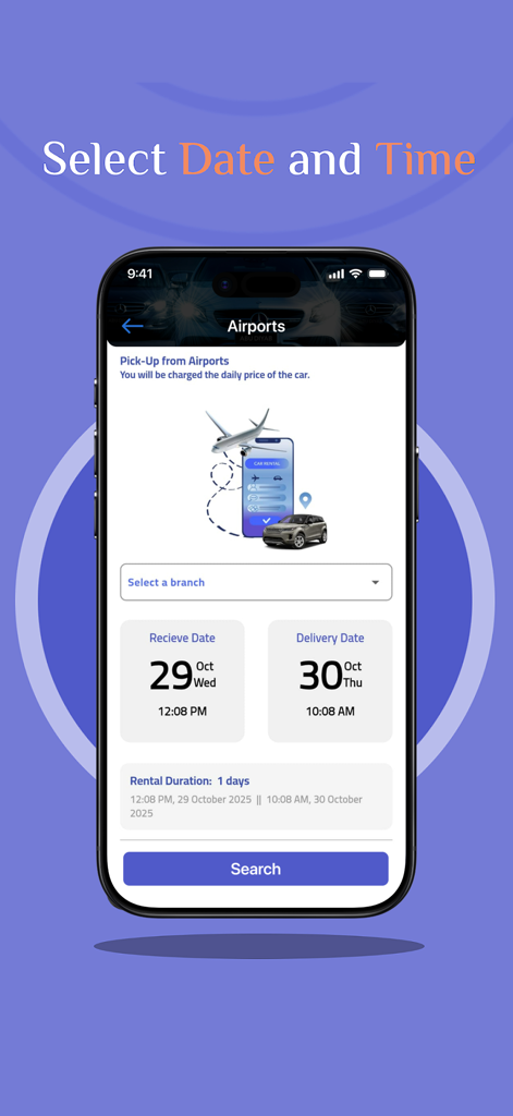 Pantalla de la aplicación AbuDiyab para seleccionar las fechas de recogida y devolución del alquiler de coches en los aeropuertos de Arabia Saudí