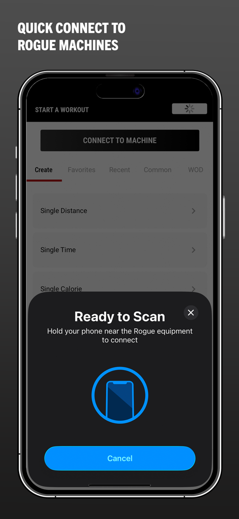 Rogue App - Interface mobile de l'App Rogue montrant l'écran prêt à scanner pour la connexion aux équipements de fitness