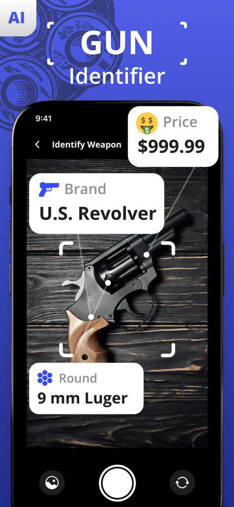 Gun Identifier - A smartphone using the Gun Identifier app to scan a revolver and display technical details such as brand and caliber