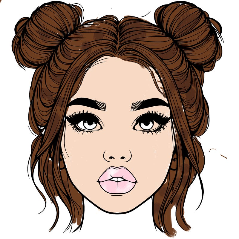 realistic girl with two buns on her hair and lips