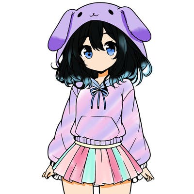 pretty anime girl wearing a fluffy hoodie with bunny ears on the hood and a skirt