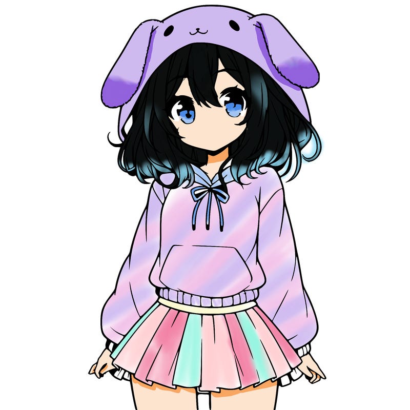 pretty anime girl wearing a fluffy hoodie with bunny ears on the hood and a skirt