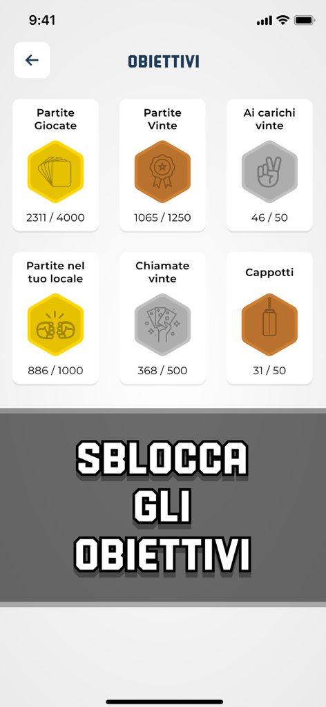 Briscola SUPER app achievements screen showing game progress and badges