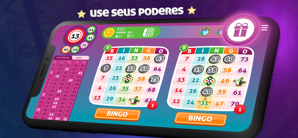 Mega Bingo Online - Interfaccia di gioco mobile di Mega Bingo Online con due cartelle del bingo e opzioni di potenziamento speciali