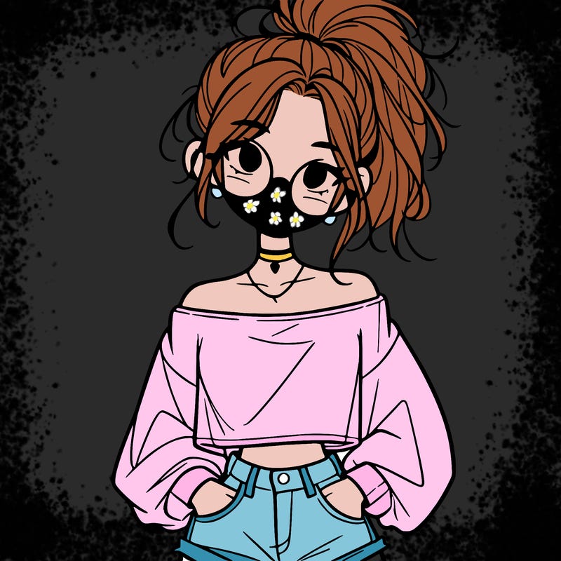 girl with a messy ponytail glasses a baggy crop top and jean shorts