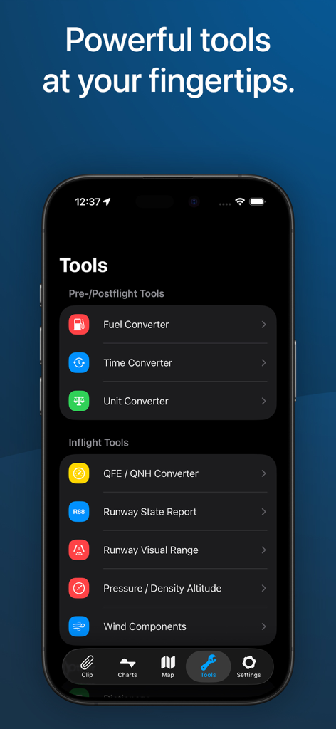 StationWeather app interface showing aviation converters and flight tools