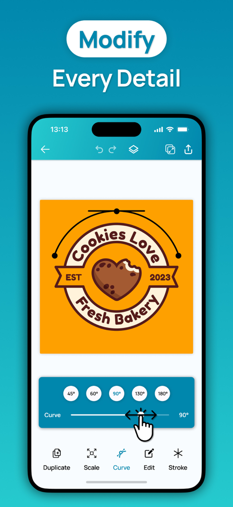 Logo Maker - Business Logo - Logo Maker app interface with a bakery logo design and curve adjustment settings