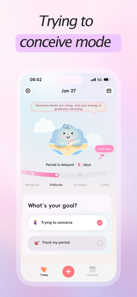 Period Tracker・Cycle Calendar - 주기 단계와 목표 선택을 보여주는 생리 주기 추적기 앱의 임신 시도 모드 스크린샷.