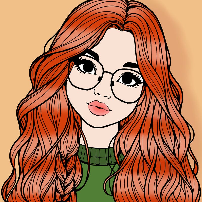 girl with long hair and freckles and glasses realistic