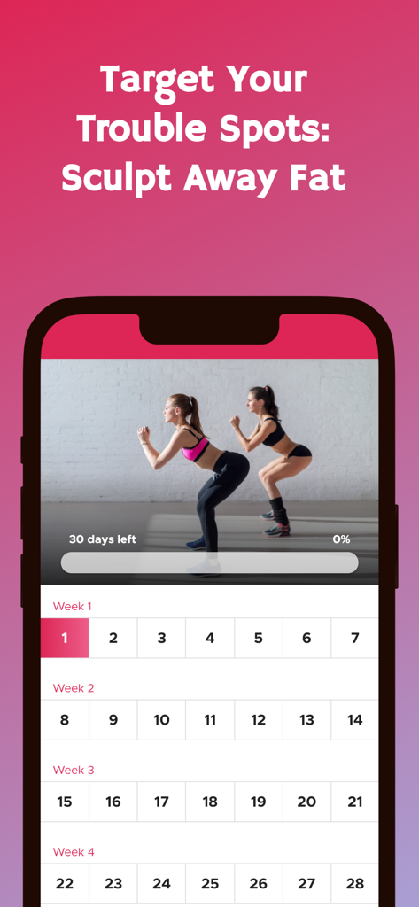 Workout Plan For Women - Interfaz de la aplicación Plan de Entrenamiento para Mujeres que muestra un programa de fitness de 4 semanas y ejercicios de escultura.