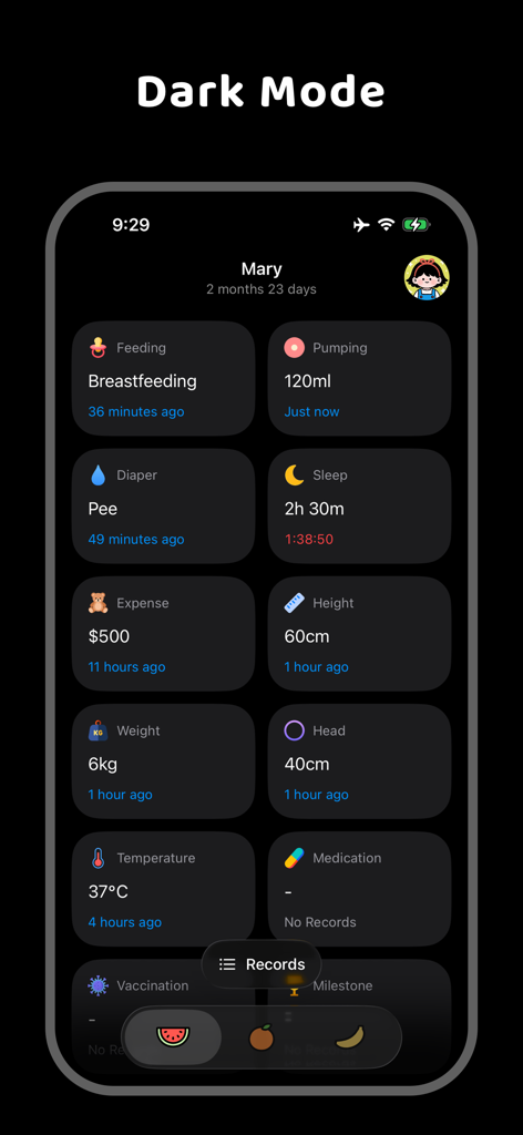 Ono baby tracker app dashboard in dark mode showing various baby activity logs like feeding and sleep