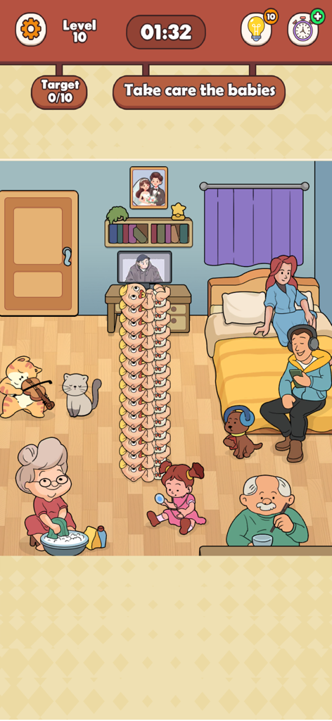 Help Them - Tricky Puzzle - Gameplay screenshot of Help Them Tricky Puzzle showing a stack of babies in a room with various family characters