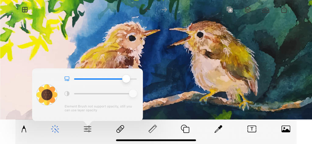 Drawing Apps - 描画アプリのインターフェースで作成された、枝にとまる2羽の鳥のデジタル水彩画