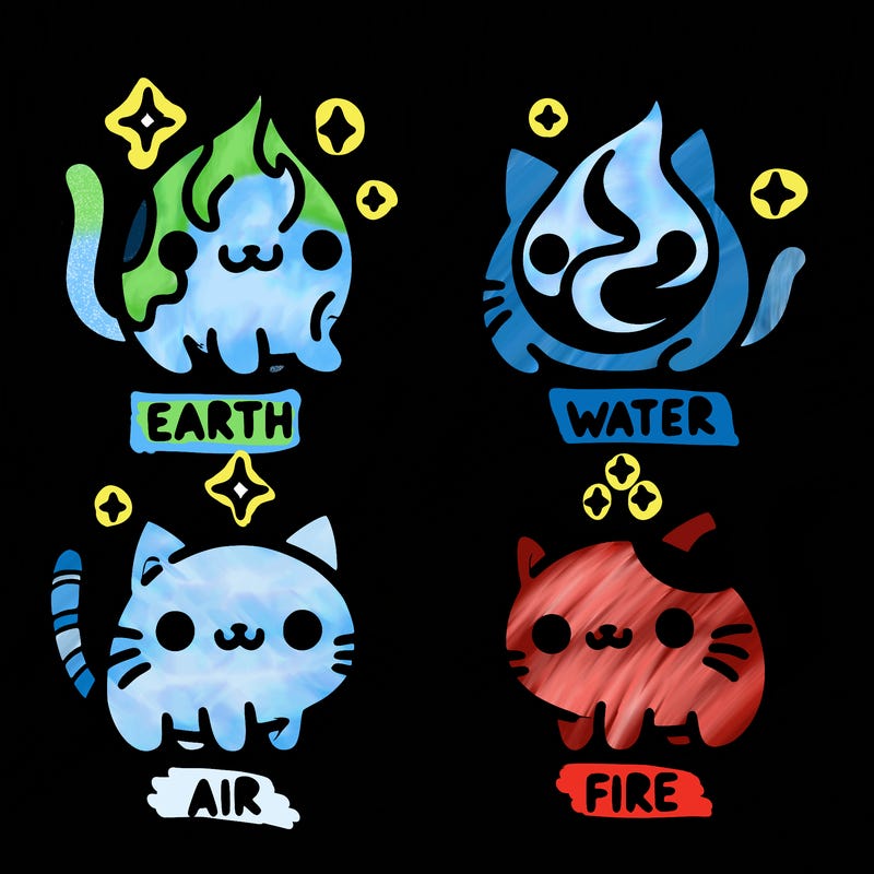 4 cats that represent the different elements, earth, water, air, and fire