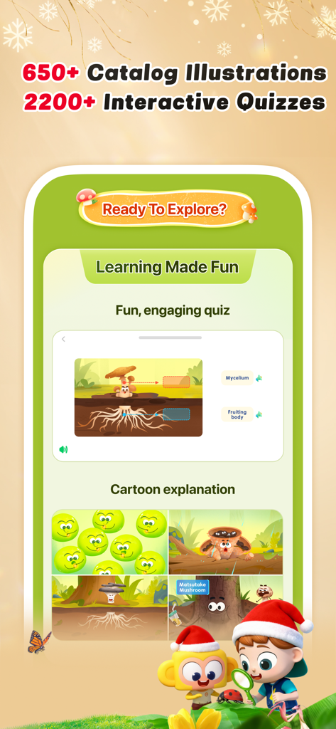 Cretapedia: Science Learning - A science learning app interface showing interactive quizzes about mushroom anatomy and cartoon educational illustrations for children