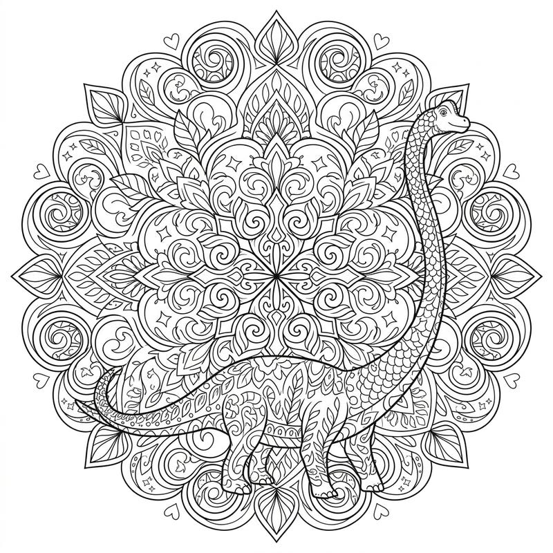 Unleash your creativity with this stunning Brachiosaurus Mandala coloring page. This design beautifully merges the grandeur of a long-necked dinosaur with the calming complexity of symmetrical mandala art.