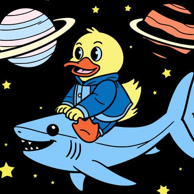 duck riding a shark in the solar system