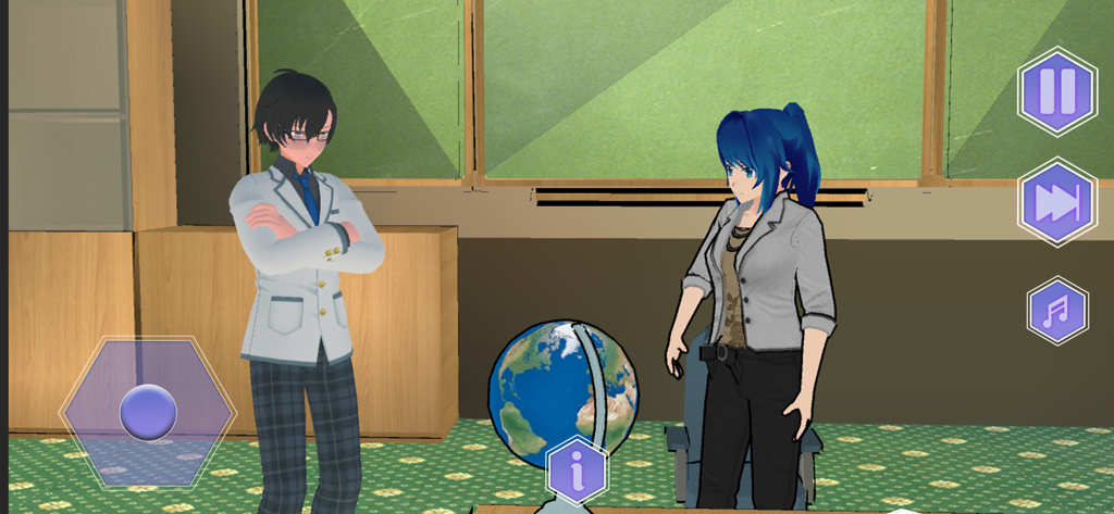 Anime School Simulator Life 3D - Anime male and female characters talking in a school classroom near a globe