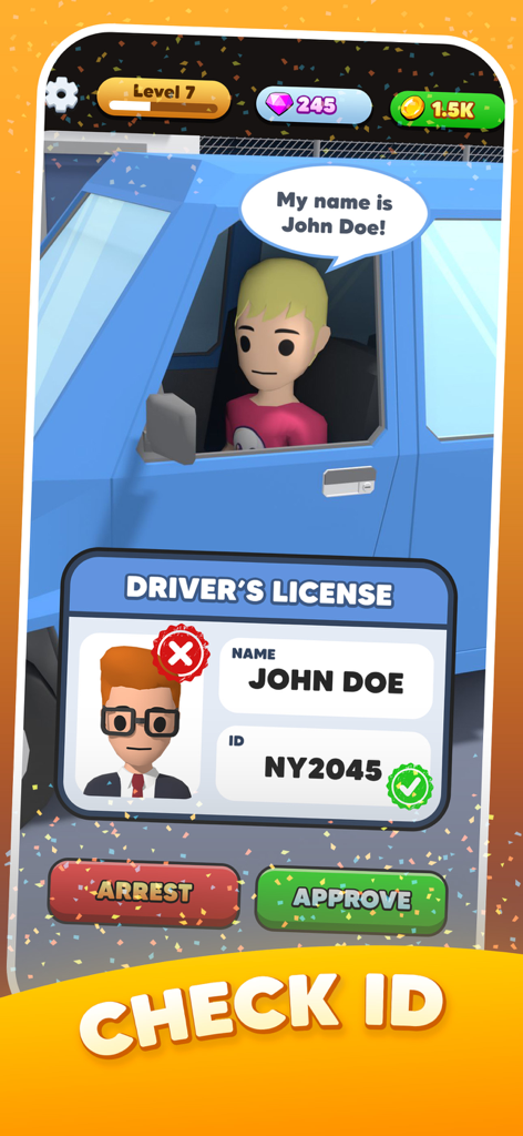 Idle Border Control - Gameplay screenshot of Idle Border Control showing an ID verification screen with arrest and approve buttons.