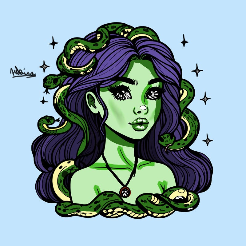 realistic girl with snakes as hair