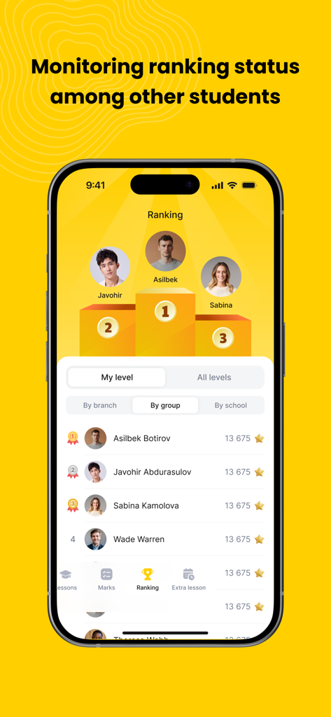 Leaderboard screen showing student ranking status and academic scores on a podium view.