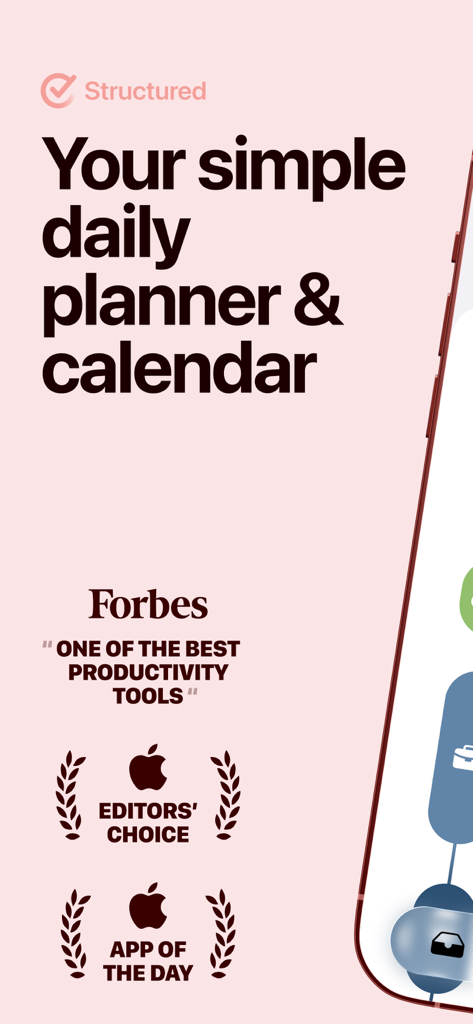 Forbes 생산성 도구 추천 및 Apple App Store 수상 기능을 포함한 Structured 데일리 플래너 앱 홍보 그래픽.