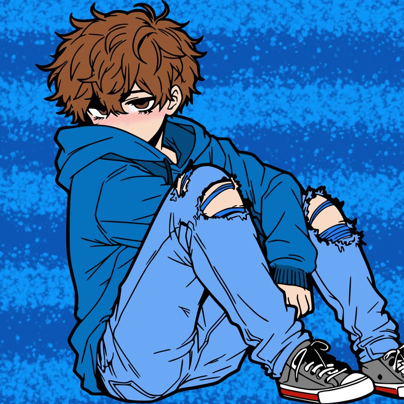 a male hoddie ripped jeans messy hair anime