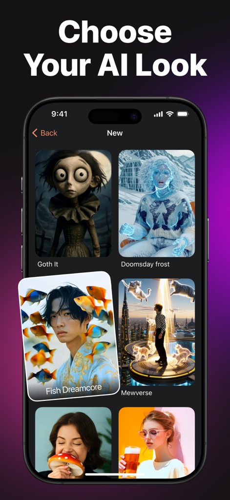 MiniMax AI - Video Generator - Mobile interface of MiniMax AI Video Generator showing different artistic styles like Goth It and Fish Dreamcore