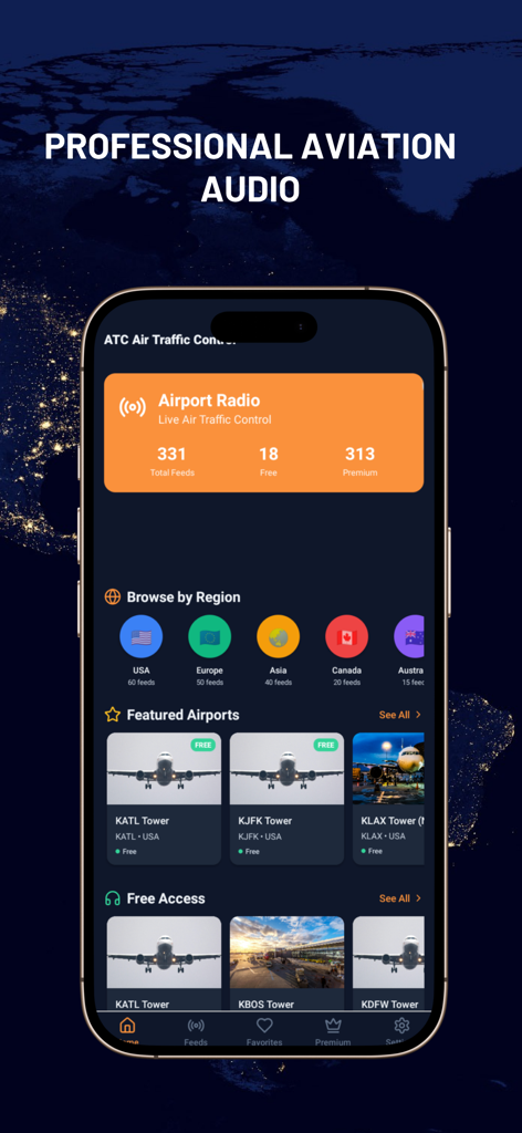 The home screen of the Air Traffic Control Live ATC app displaying featured airports and regions