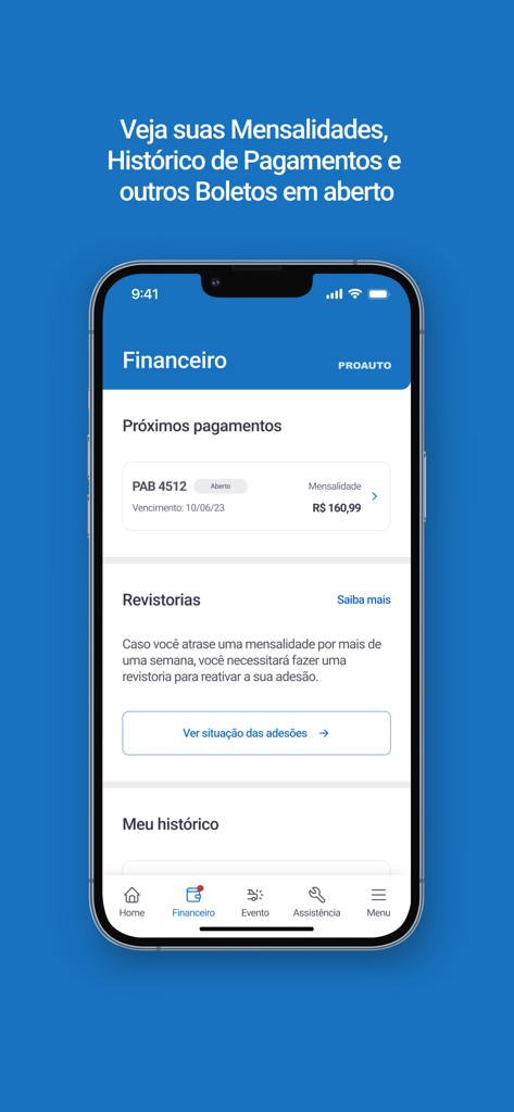Dashboard finanziaria dell'app PROAUTO che mostra i pagamenti imminenti e lo stato dell'ispezione del veicolo.