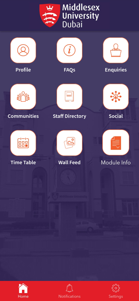MDX Dubai - Dashboard of the MDX Dubai mobile app featuring icons for student profile, timetable, and campus news