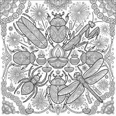 Celebrate the Festival of Lights with a unique twist! This intricate coloring page features beautifully patterned insects like beetles, a mantis, and a dragonfly, surrounded by festive Diwali diyas and sparkling fireworks for a truly magical experience.