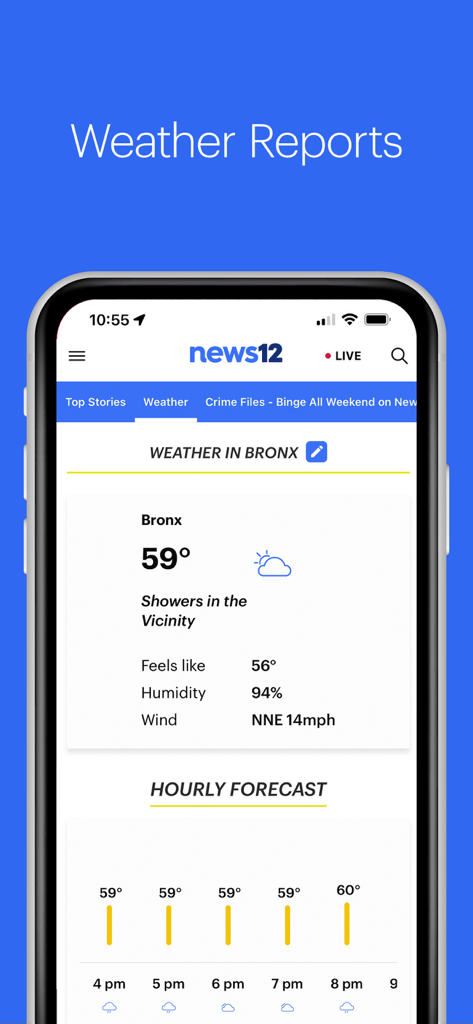 News 12 Mobile - News 12 Mobile app local weather report screen for the Bronx