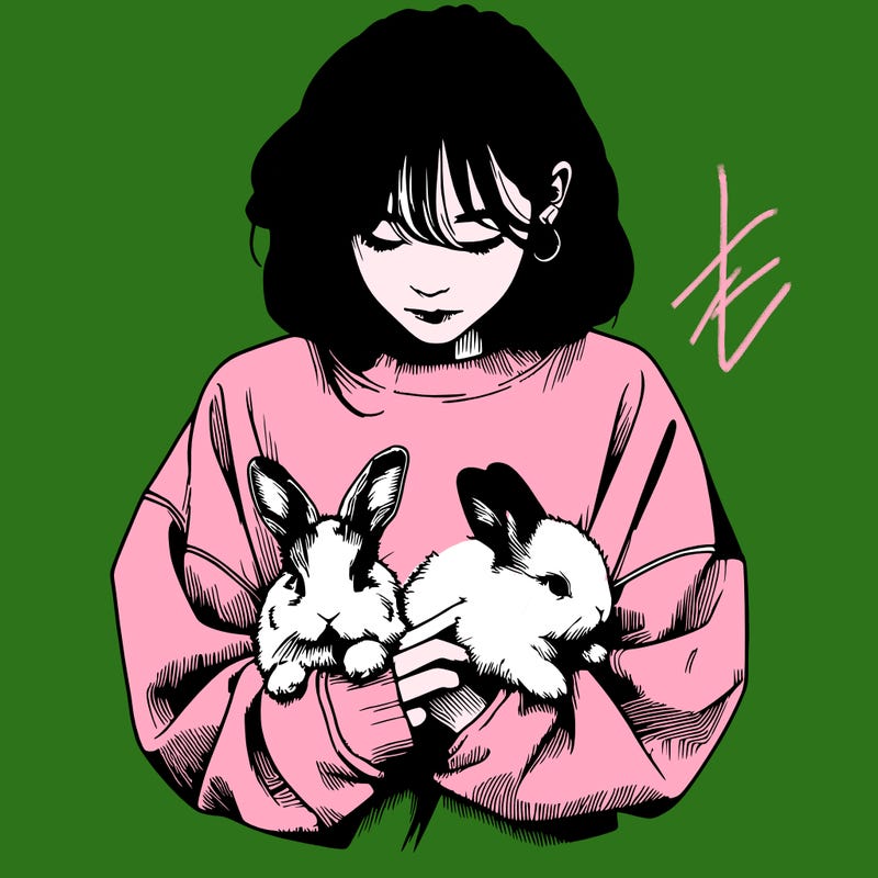 realistic girl with messy bunny baggy sweatshirt and holding bunnies