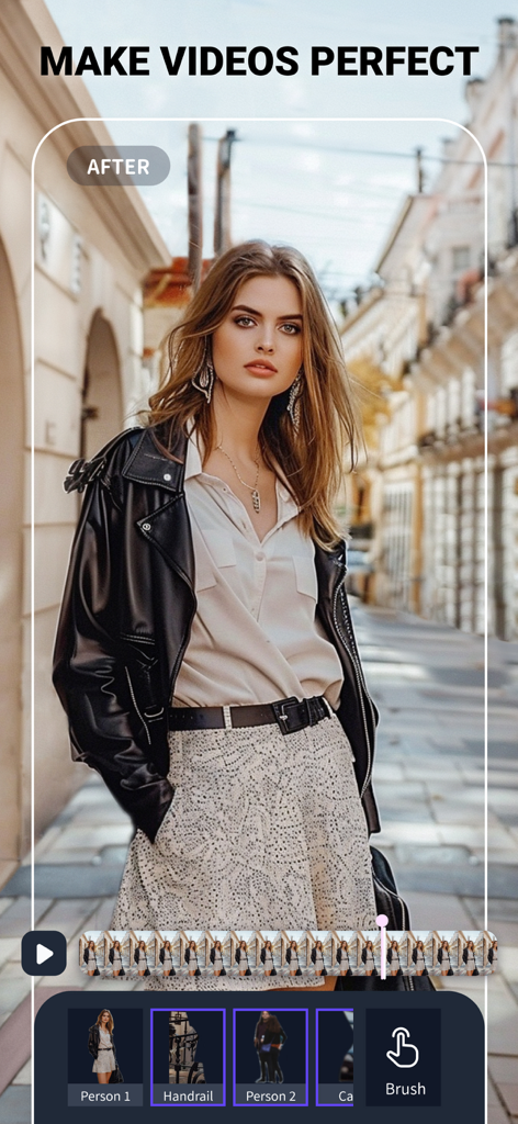 Video Eraser & Remove Objects - Mobile app interface showing a woman in a street after using AI to remove unwanted background objects