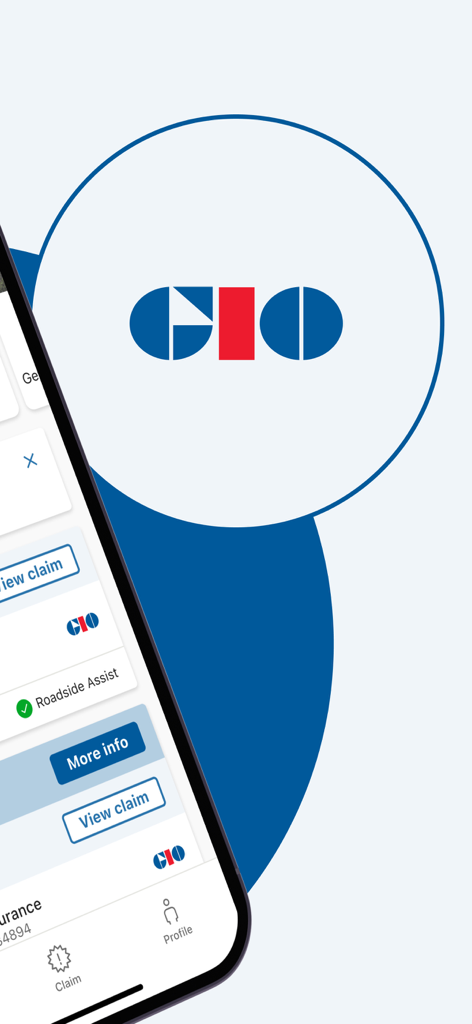 GIO App - Close up of the GIO app on a smartphone showing the logo and claims management features